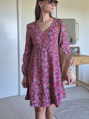 Boden 100% Linen Floral Paisly V-Neck Long Sleeve Swing Dress UK 10 / US 6
